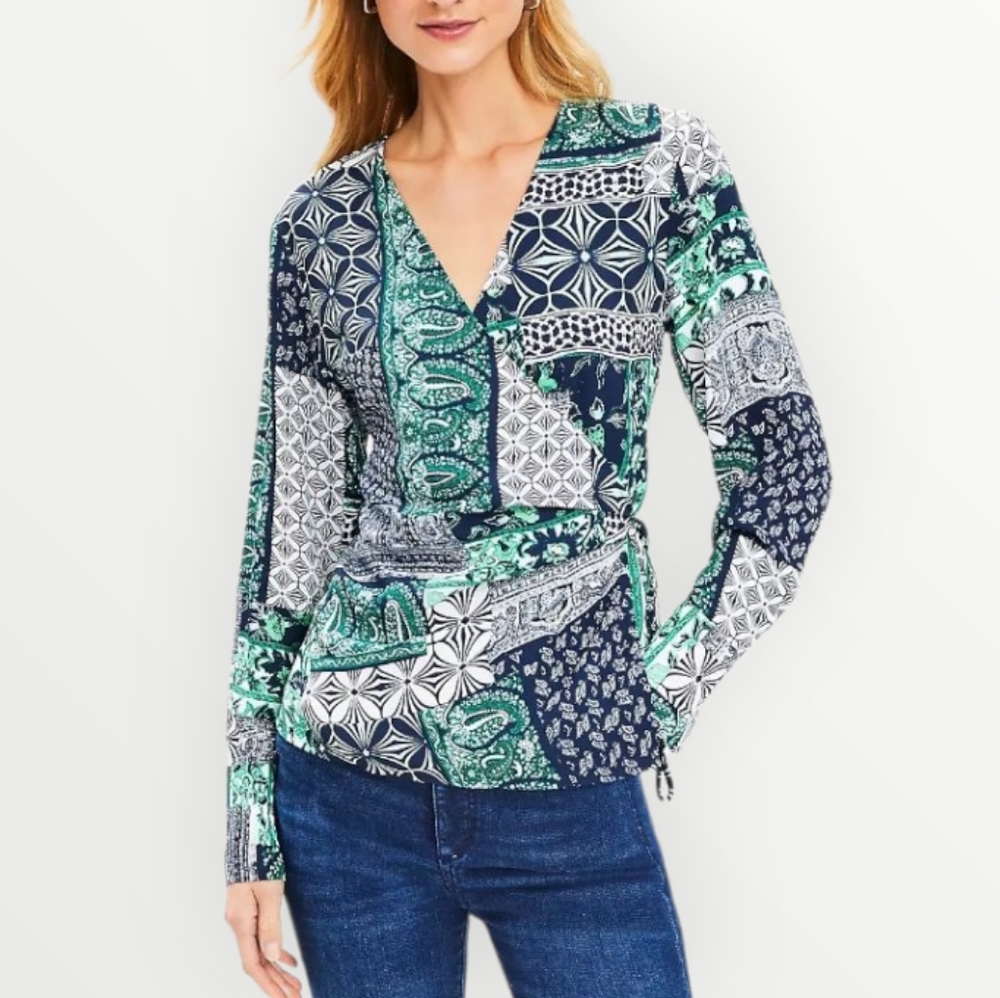 LOFT Patchwork Print Blouse S Boho Geometric Paisley‎ Long Sleeve Tie Waist New